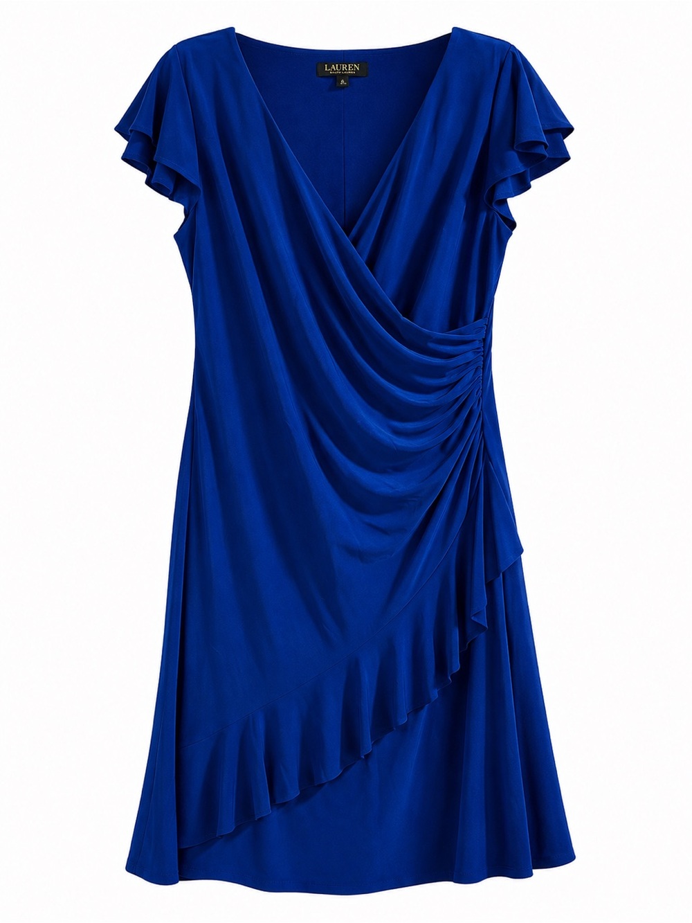 Lauren Ralph Lauren Cobalt Blue Ruched V-Neck Midi Dress